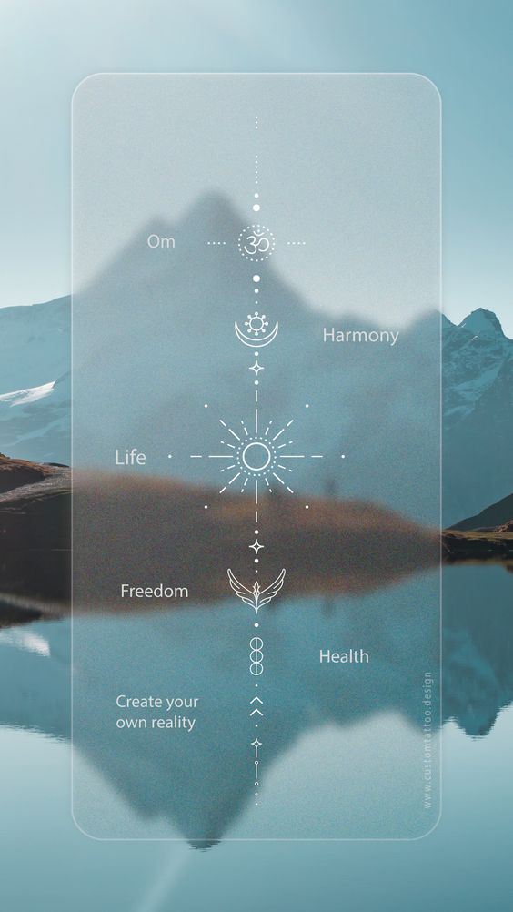 Illustration of spiritual symbols and words like Om, Harmony, Life, Freedom, and Health over a serene mountain landscape.