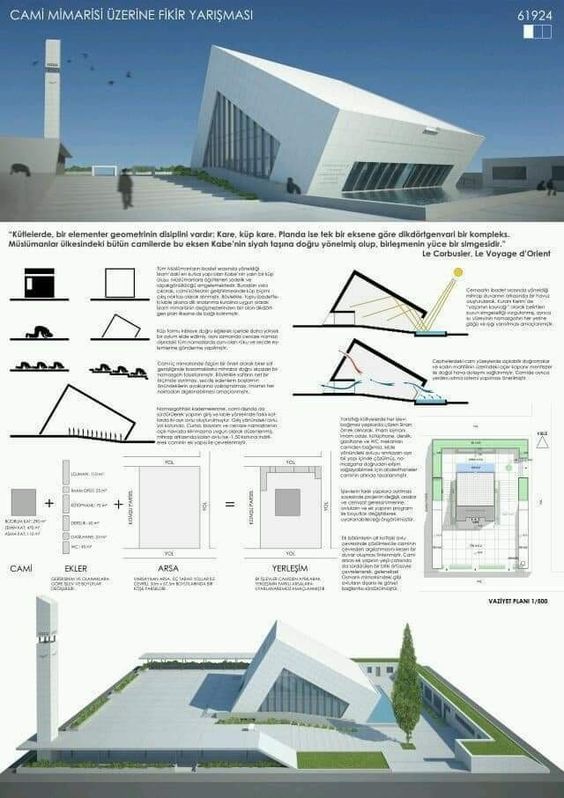 Modern mosque architectural design competition entry, featuring geometric structures, floor plans, and detailed building diagrams.