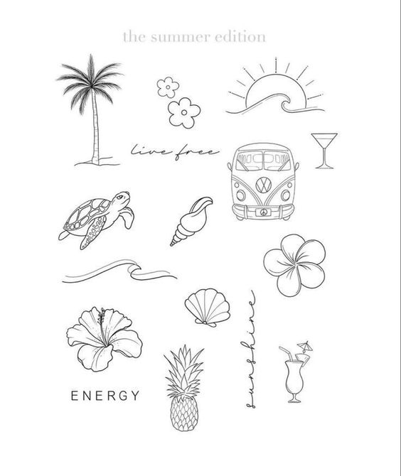 Summer-themed drawings: palm tree, hibiscus, turtle, van, waves, seashells, cocktail, and flowers. Text: 'live free' and 'energy'.