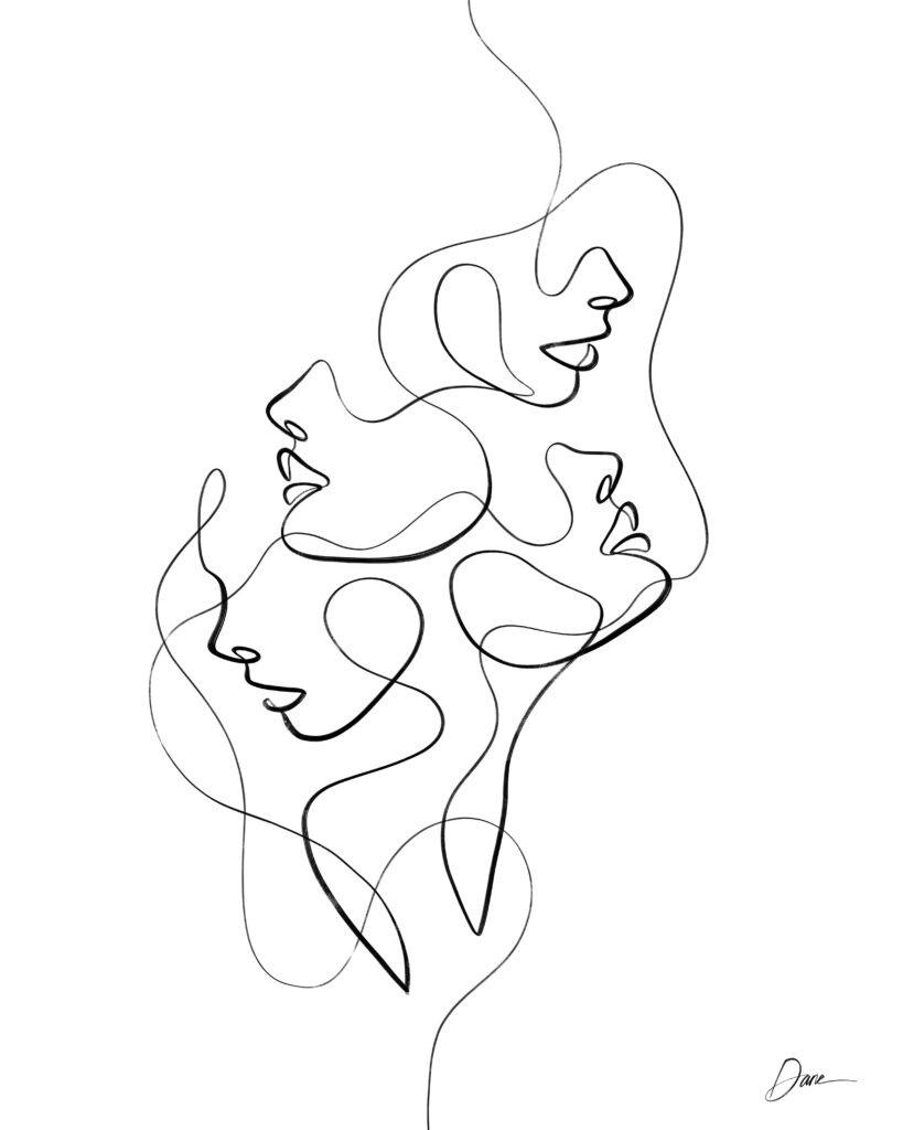 Abstract line art showing interconnected faces, featuring fluid continuous lines creating an artistic and elegant composition.