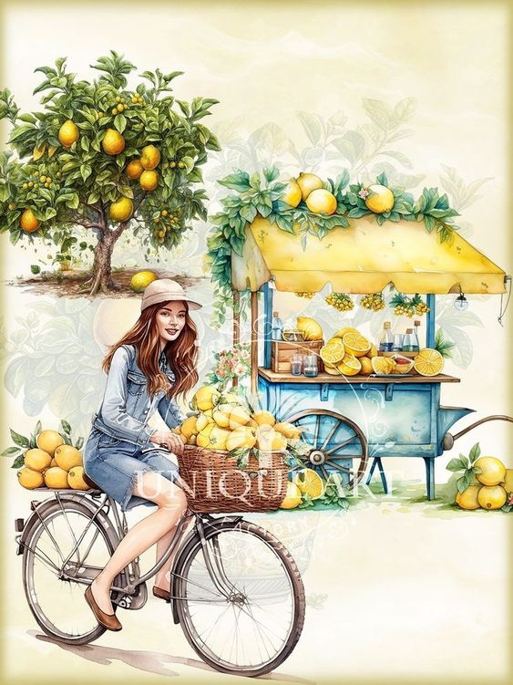 Woman on bicycle carrying lemons, passing by a lemon cart and lemon tree, in a colorful and sunny, illustrated scene.