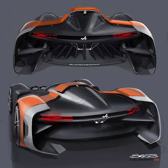 Futuristic orange and black sports car concept designs by Andrey Basmanov featuring sleek lines and rear LED lights.