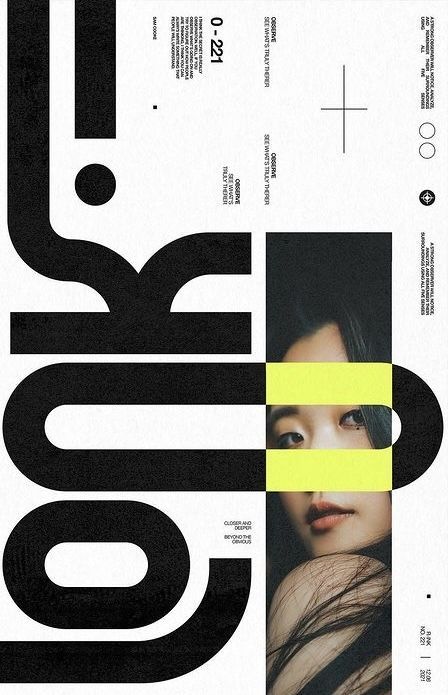 Modern art poster with bold text and a partial portrait of a woman peeking through yellow lines, featuring scattered typography.