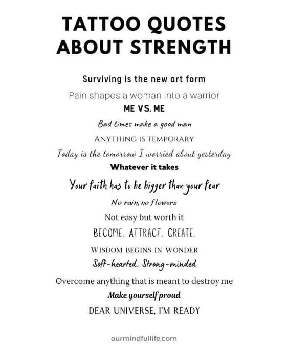 Collection of inspirational tattoo quotes about strength, resilience, and empowerment for personal growth.