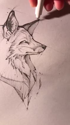 Hand drawing of a fox in progress, showcasing intricate lines and details, with a hand holding a pen at the top.