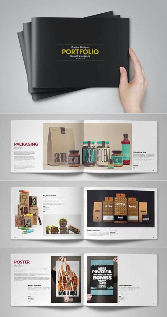 Graphic design portfolio showcasing packaging and poster designs with a black cover, displayed in an open book format.