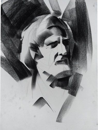 Black and white abstract sketch of a man's face using geometric shapes and shading techniques for a dramatic effect.