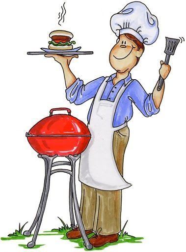 Cartoon chef grilling outdoors, holding a burger on a tray in one hand and a spatula in the other, standing by a red barbecue grill.