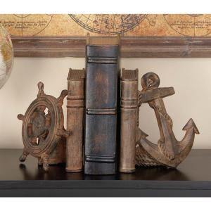 Nautical-themed bookends featuring an anchor and ship wheel, holding weathered books on a shelf, with a vintage map background.