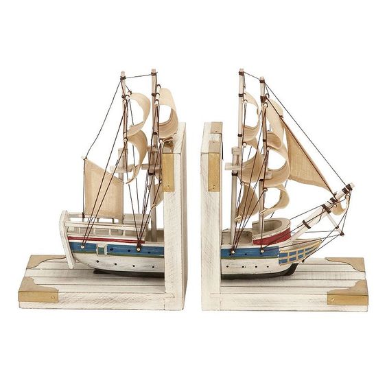 Nautical-themed bookends featuring a detailed wooden sailboat display, perfect for adding coastal charm to any bookshelf.