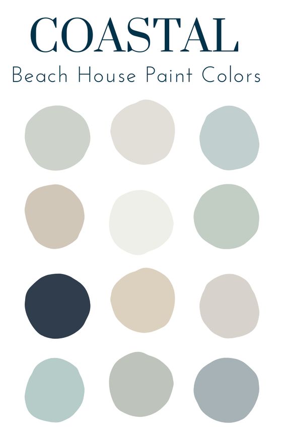 Coastal beach house paint colors palette with 12 soothing shades including blues, beiges, and greys for home decor inspiration.