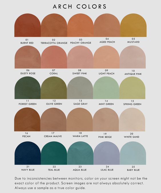 Color palette with 25 arch shapes displaying various shades, including burnt red, terracotta orange, dusty rose, mint green, and navy blue.