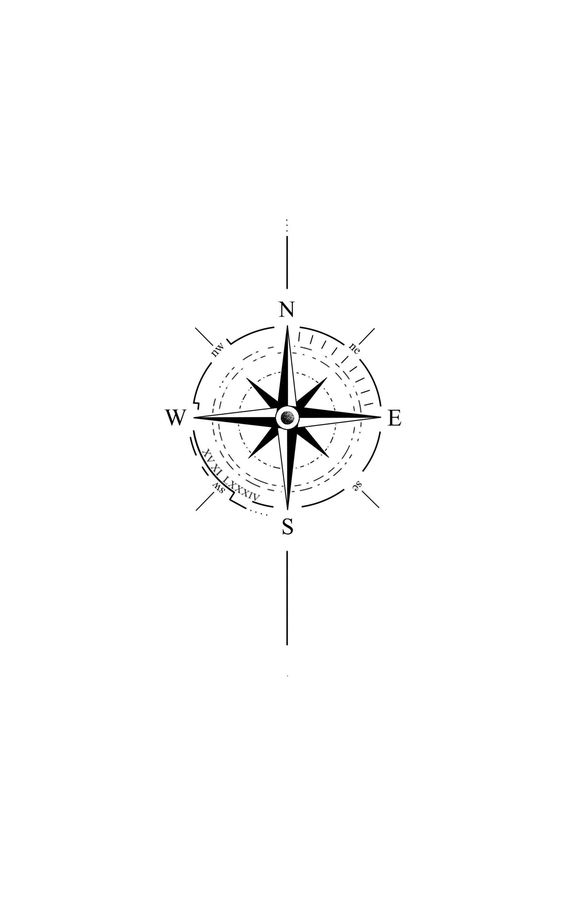 Black and white compass rose icon depicting cardinal directions: North, East, South, West, with an artistic design.