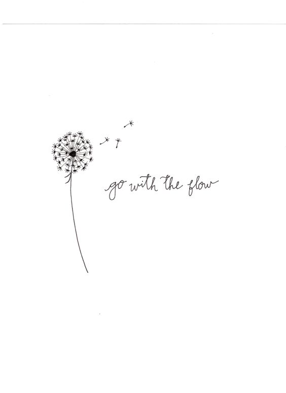 Minimalist dandelion illustration with seeds dispersing and the text go with the flow in cursive font.