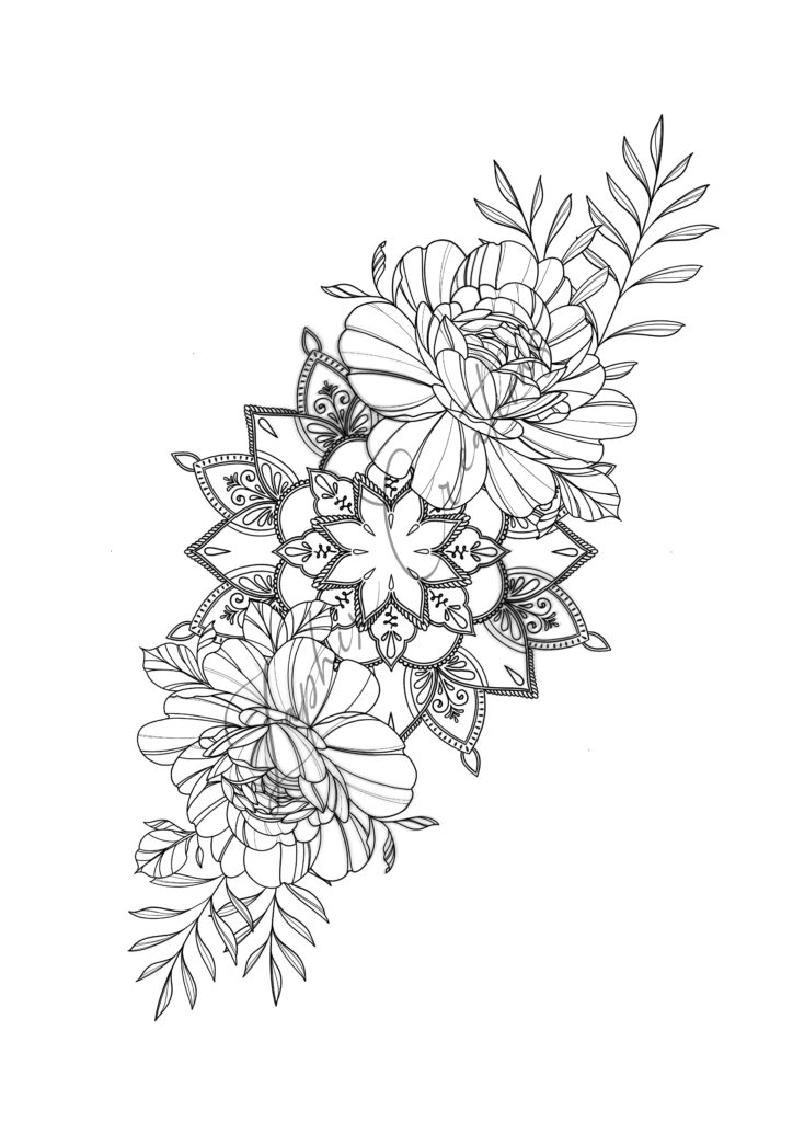 Intricate floral mandala design with blooming flowers and leaves, black and white line art for coloring pages.