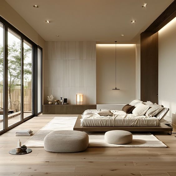 Modern minimalist bedroom with large windows, neutral tones, and cozy seating area by the bed. Serene and inviting space.