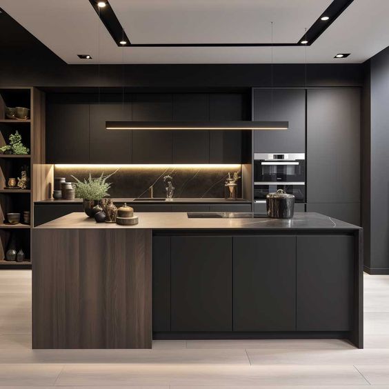 Modern kitchen design with dark cabinets, ambient lighting, wooden accents, and a central island with sleek decor pieces.