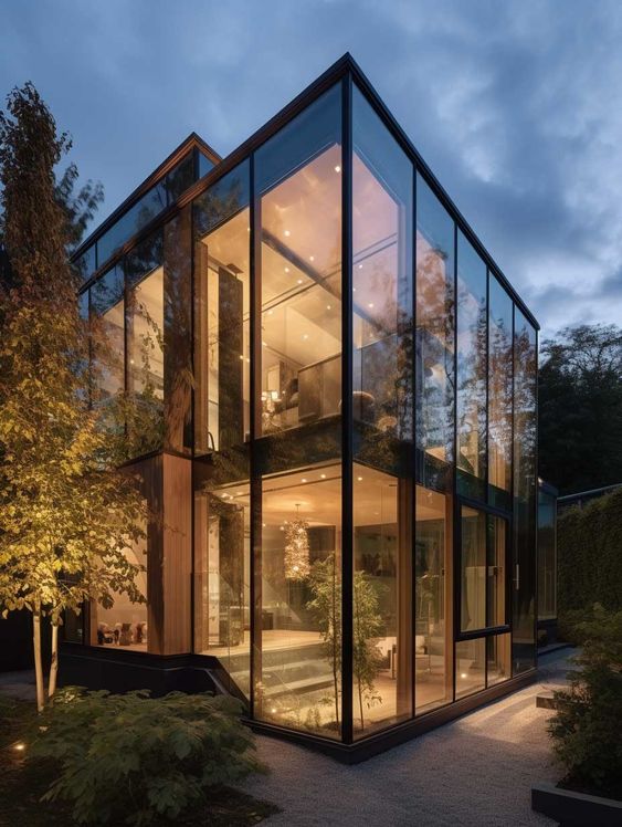 Modern glass house with illuminated interiors at dusk surrounded by trees, showcasing sleek contemporary architecture.