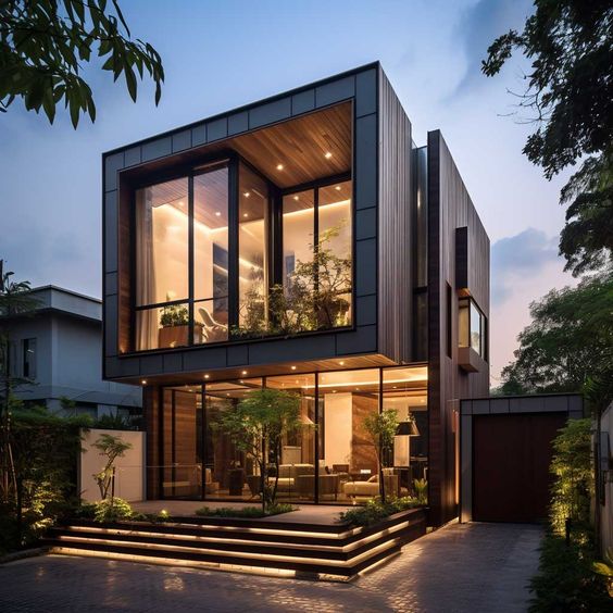 Modern two-story house with large glass windows, evening lights, and surrounding greenery. Contemporary architectural design.