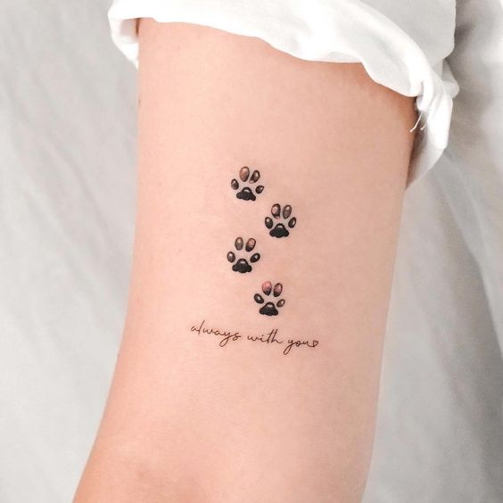 Close-up of arm with four paw print tattoo and always with you text, symbolizing pet love and companionship.