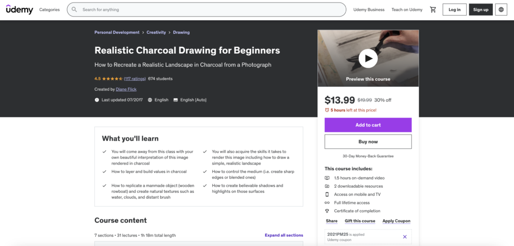 Udemy course Realistic Charcoal Drawing for Beginners by Diane Flick, .99, offers skills in creating realistic landscapes.