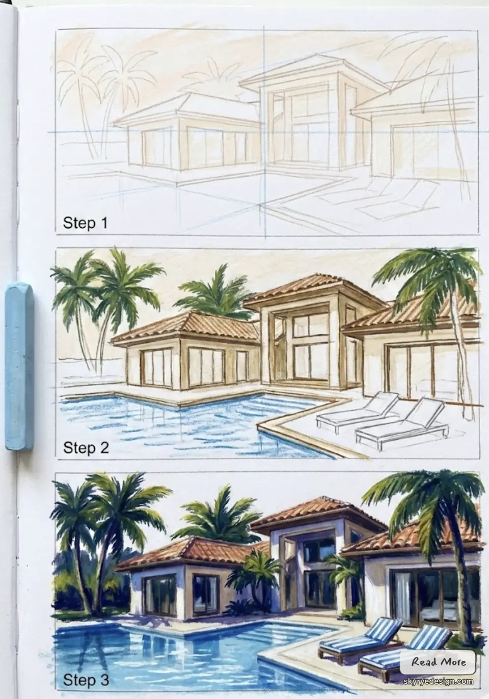 3-step tutorial: pencil sketch to colored watercolor of modern tropical villa with pool, palm trees and lounge chairs.
