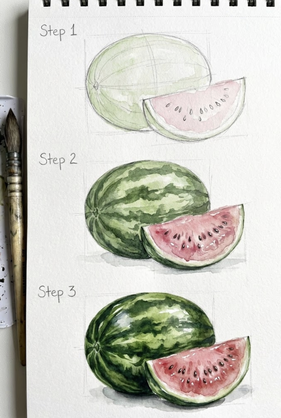 Step-by-step watercolor watermelon tutorial in a sketchbook showing sketch, painted midstage, and finished realistic watermelon slice.