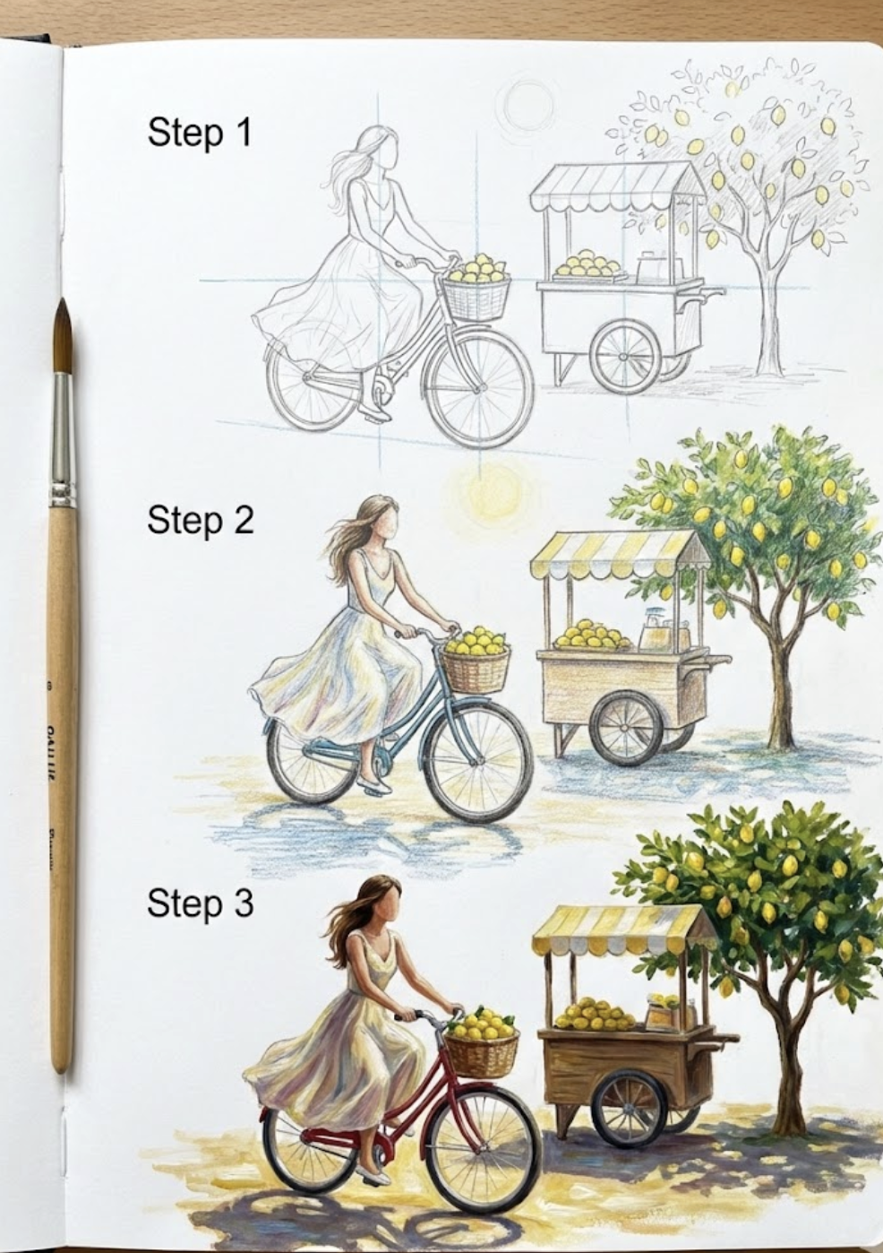 Step-by-step colored-pencil tutorial: woman on bicycle with a lemon-filled basket passing a lemon cart and lemon tree.