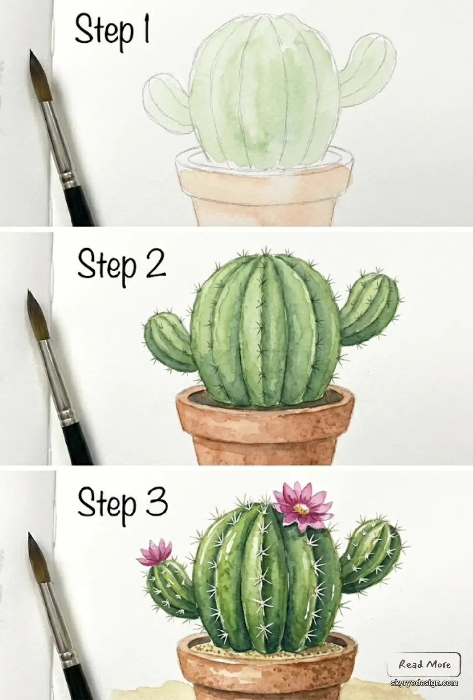 Step-by-step watercolor cactus tutorial: sketch, shaded green cactus in terracotta pot, finished cactus with spines and pink flowers, brush.