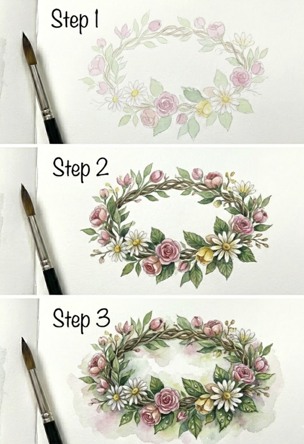 Three-step watercolor floral wreath tutorial: sketch, detailed roses and daisies, finished wreath with soft color wash and paintbrush.