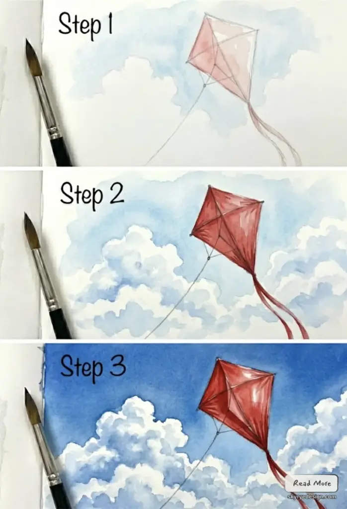 Watercolor tutorial: three-step red kite painting with cloud backgrounds and brush, step 1–3 progression