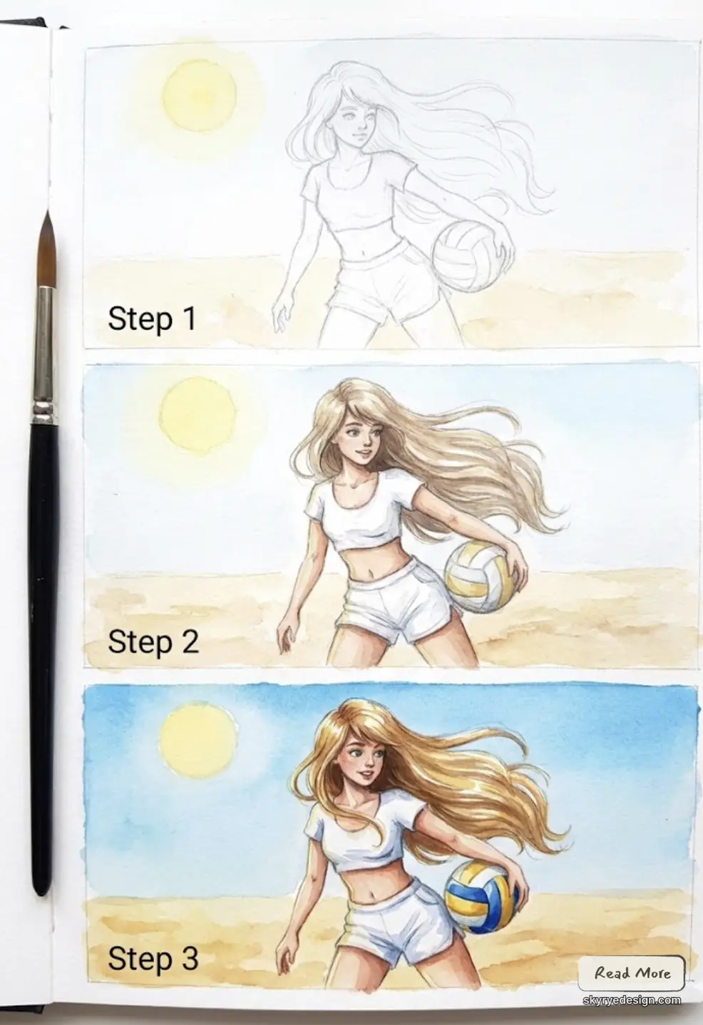 Step-by-step watercolor tutorial: girl with long hair holding a beach volleyball under the sun - sketch to full-color illustration