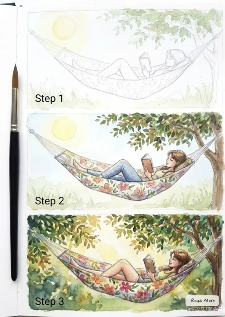Step-by-step watercolor tutorial: woman reading in a floral hammock under a tree, three painting stages shown with paintbrush at left