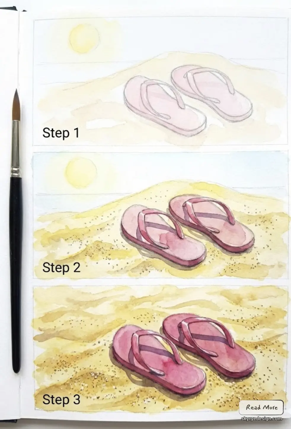 Watercolor tutorial: step-by-step pink flip-flops on sandy beach with paintbrush, showing shading, texture and highlights.