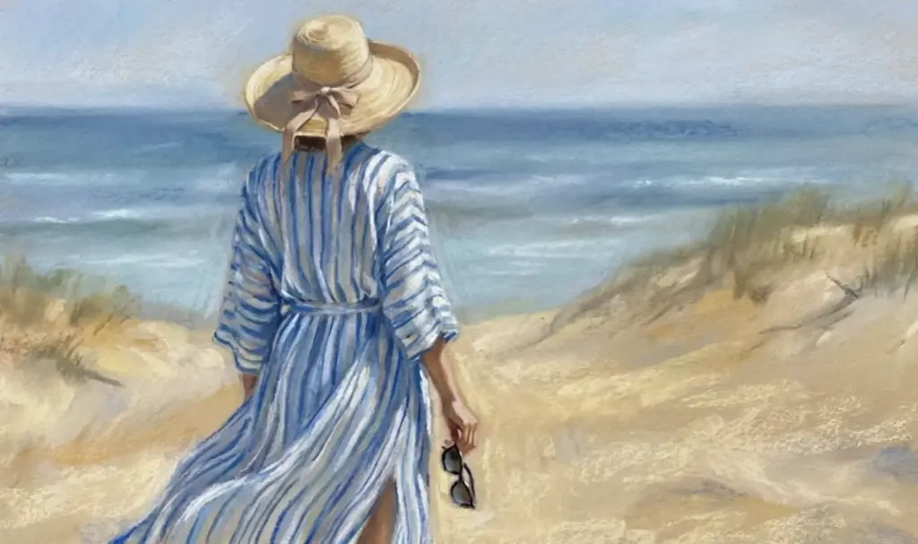 Painting of a woman in a blue striped dress and straw hat holding sunglasses, walking toward the ocean across sandy dunes