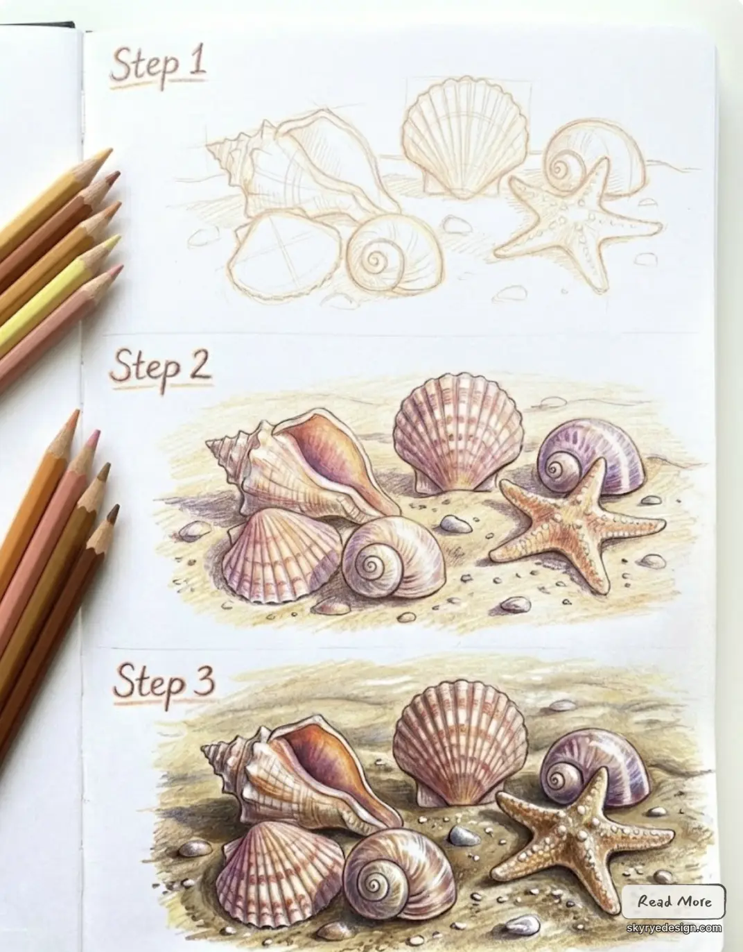 Three-step colored-pencil tutorial showing seashells and a starfish on sandy beach, sketch to finished shading, pencils at left