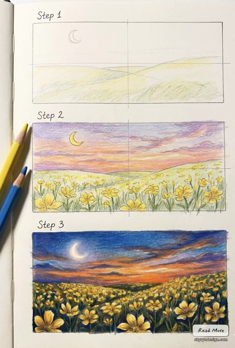 Three-step colored pencil tutorial of a moonlit yellow wildflower field at sunset, from sketch to finished drawing.