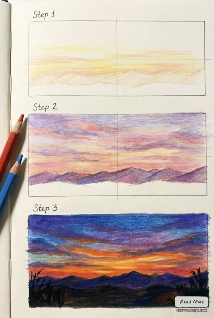 Colored pencil tutorial: three-step sunset mountain landscape progression from light sketch to vibrant sunset sky with silhouetted peaks.