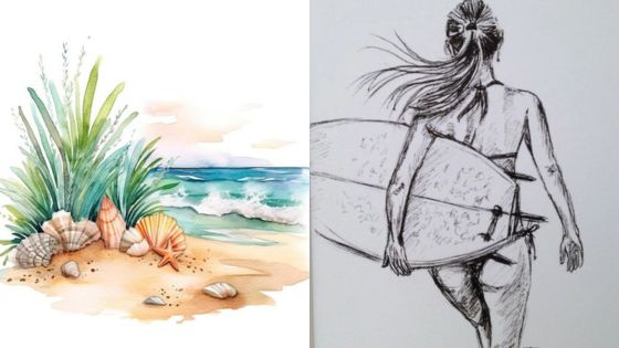 Illustration of a beach scene with shells and plants and a black and white drawing of a surfer girl holding a surfboard.
