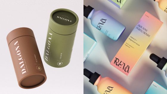 Luxury skincare products in sleek, eco-friendly cylindrical packages from Dalgona and Reva.