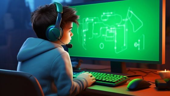 Young gamer with headset intensely focused on a strategy game on a computer screen, glowing with neon green circuits.