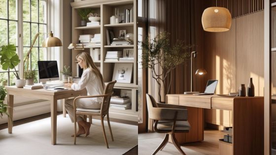 Modern home office setups with wooden desks, large windows, and natural light; perfect for productivity and inspiration.