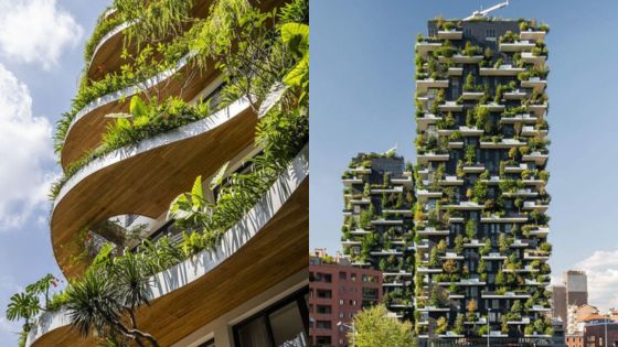 Modern green buildings with lush vegetation on balconies and rooftops, showcasing sustainable architecture in an urban environment.