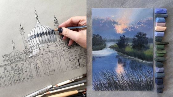 Detailed architectural sketch in process and a finished landscape pastel painting, illustrating diverse artistic techniques.