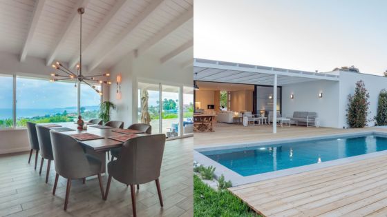 Modern home with ocean-view dining area and a backyard featuring a pool and outdoor seating, perfect for relaxation.