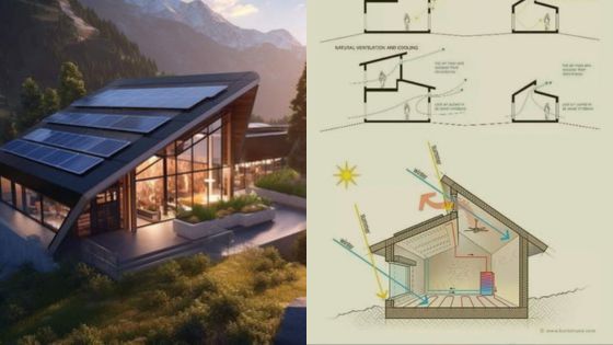 Sustainable eco-house with solar panels and ventilation diagrams for energy efficiency and natural cooling.