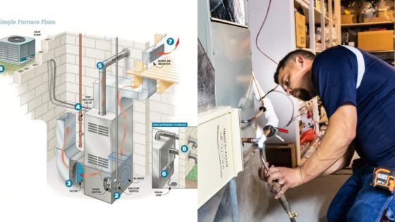 Illustration of furnace fixes and a technician repairing a furnace, showcasing HVAC system maintenance and troubleshooting.
