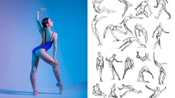 Graceful ballerina posing in blue lighting and stick-figure sketches of ballet poses side by side.