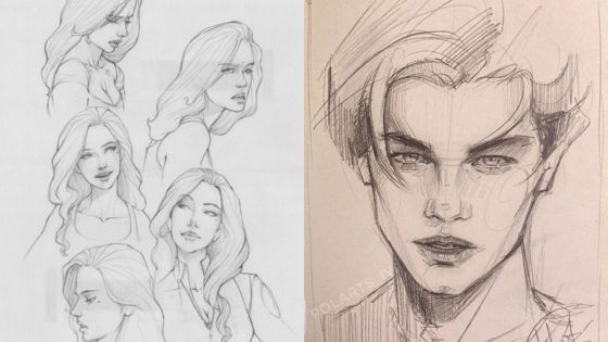 Detailed pencil sketches showcasing female faces and a male face, featuring different angles and expressions.