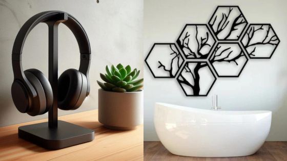 Modern home decor: sleek black headphones on stand with a succulent on a wooden table, white bathtub, and geometric wall art.
